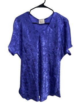 Jayre Blue Floral Jacquard V-Neck Short Sleeve Top Size Medium Boho Cottagecore